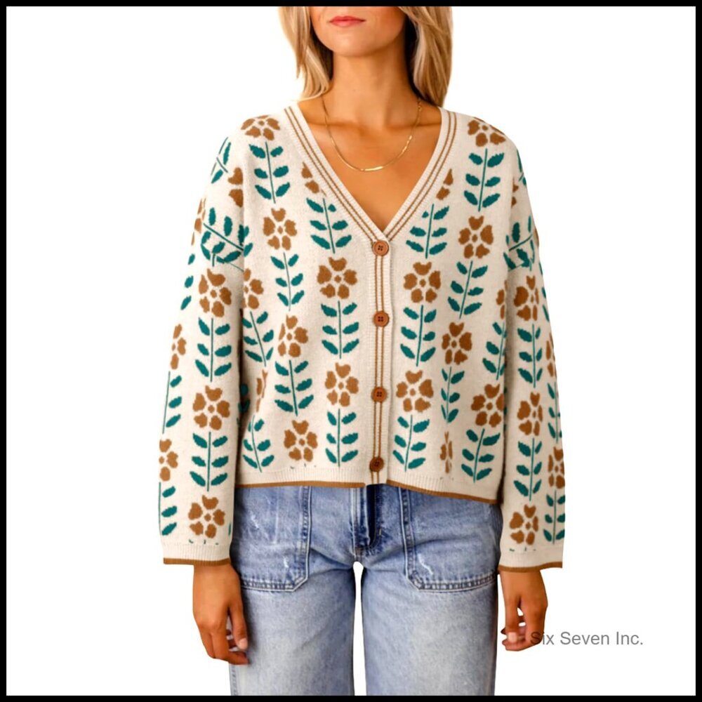 Floral Print V-Neck Cardigan Open Front Button Down Knit Sweater Long Sleeve - Picture 1 of 7